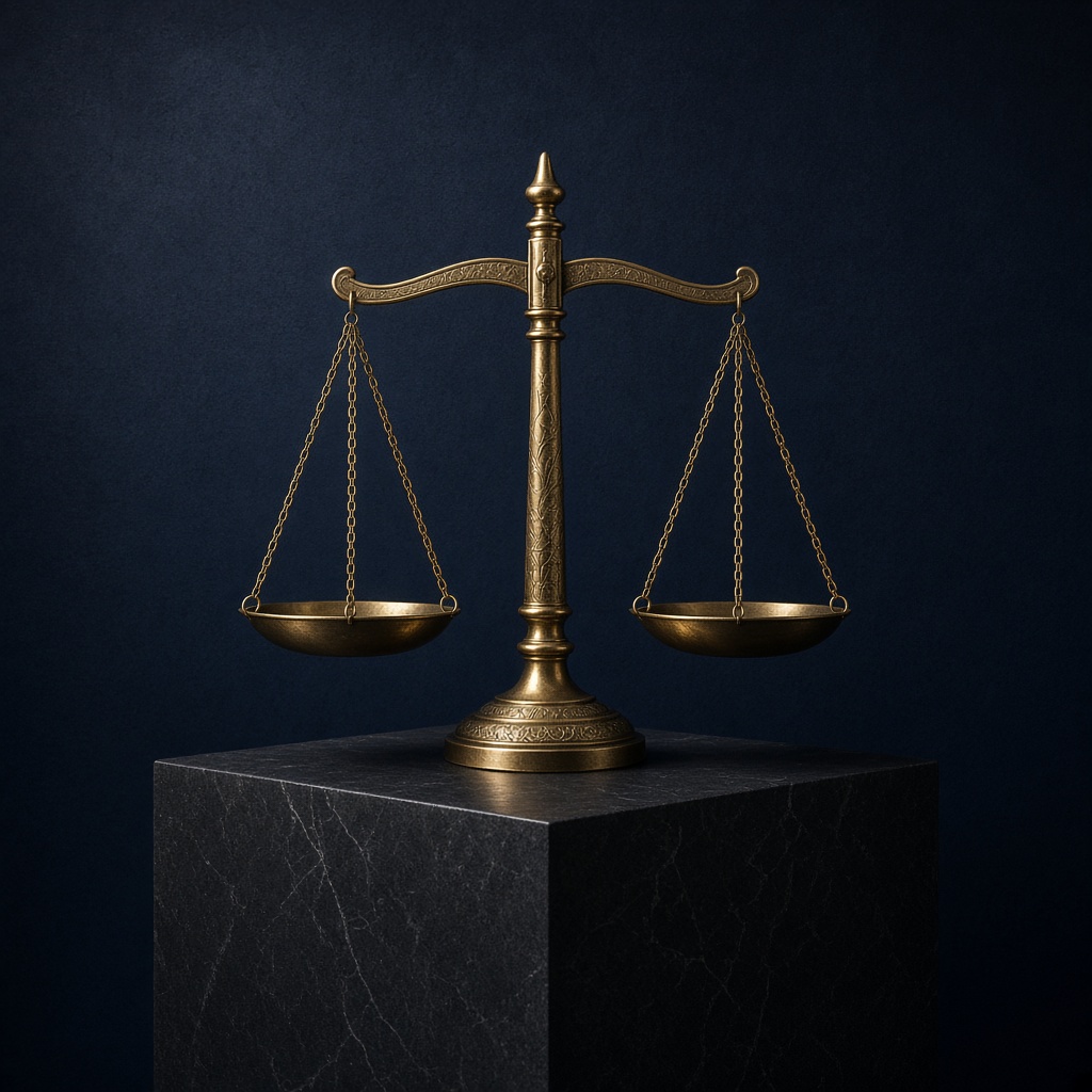 Scales of justice on dark plinth